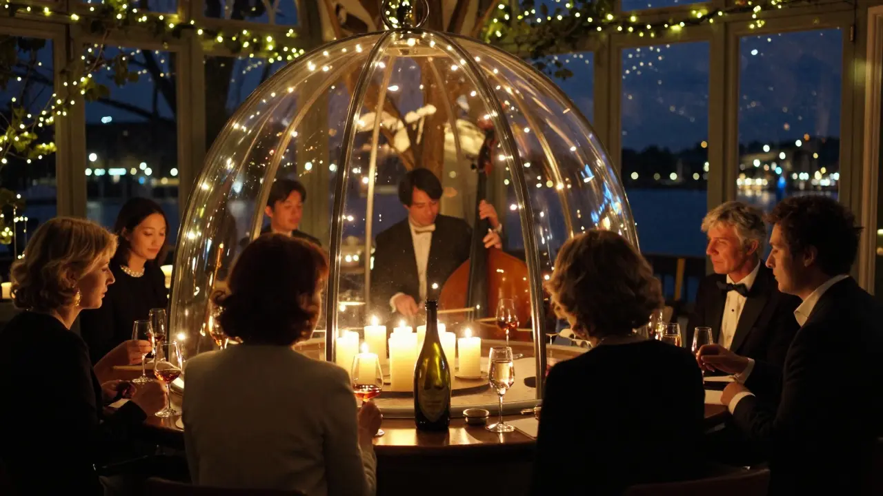 Candlelit garden lounge at midnight with jazz music, guests sipping vintage champagne under a glass dome.