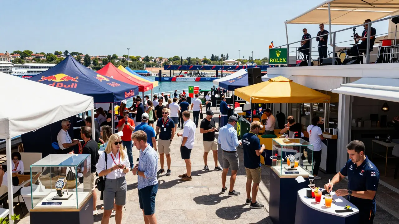 Crowds at Port Hercules mingling under branded tents during the Monaco Grand Prix, live music and views of the track.