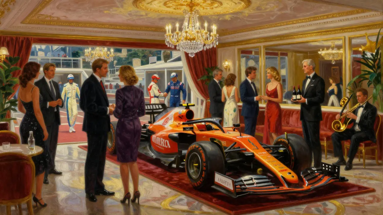 Elegant VIP paddock suite with guests, a Formula 1 car, and live jazz under crystal chandeliers.