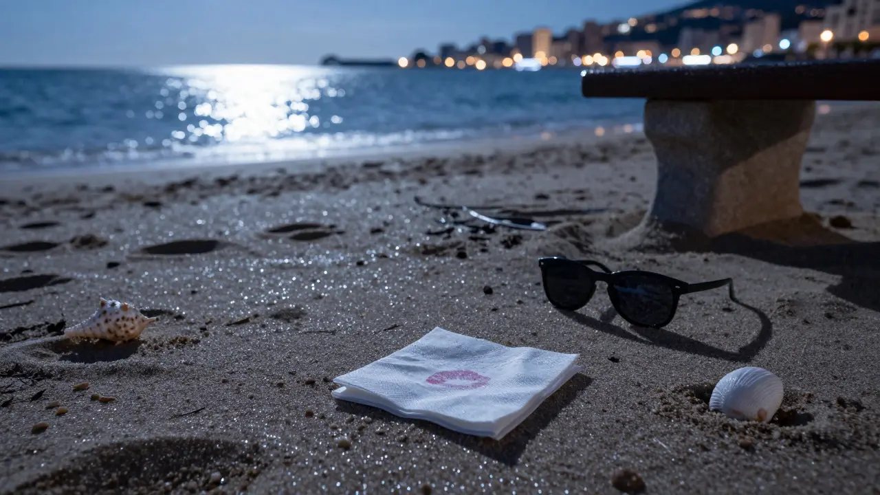 Empty Monte-Carlo beach at midnight with a napkin, sunglasses, and seashell left behind.