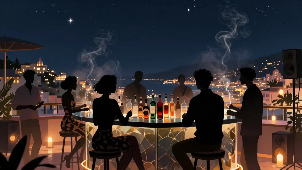 Exclusive rooftop lounge at Club Monaco under starlight, stylish guests mingling with city lights in the background.