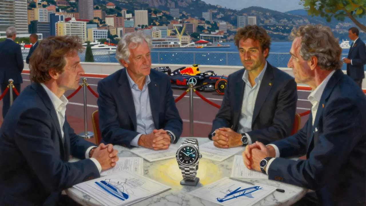 F1 team principals and wealthy patrons quietly converse in the Monaco paddock, surrounded by luxury watches and yachting plans under soft spotlight.