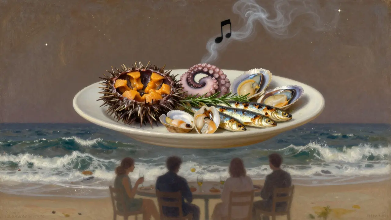 Floating seafood platter above the Mediterranean, with diners silhouetted below and a jazz note curling into the night sky.