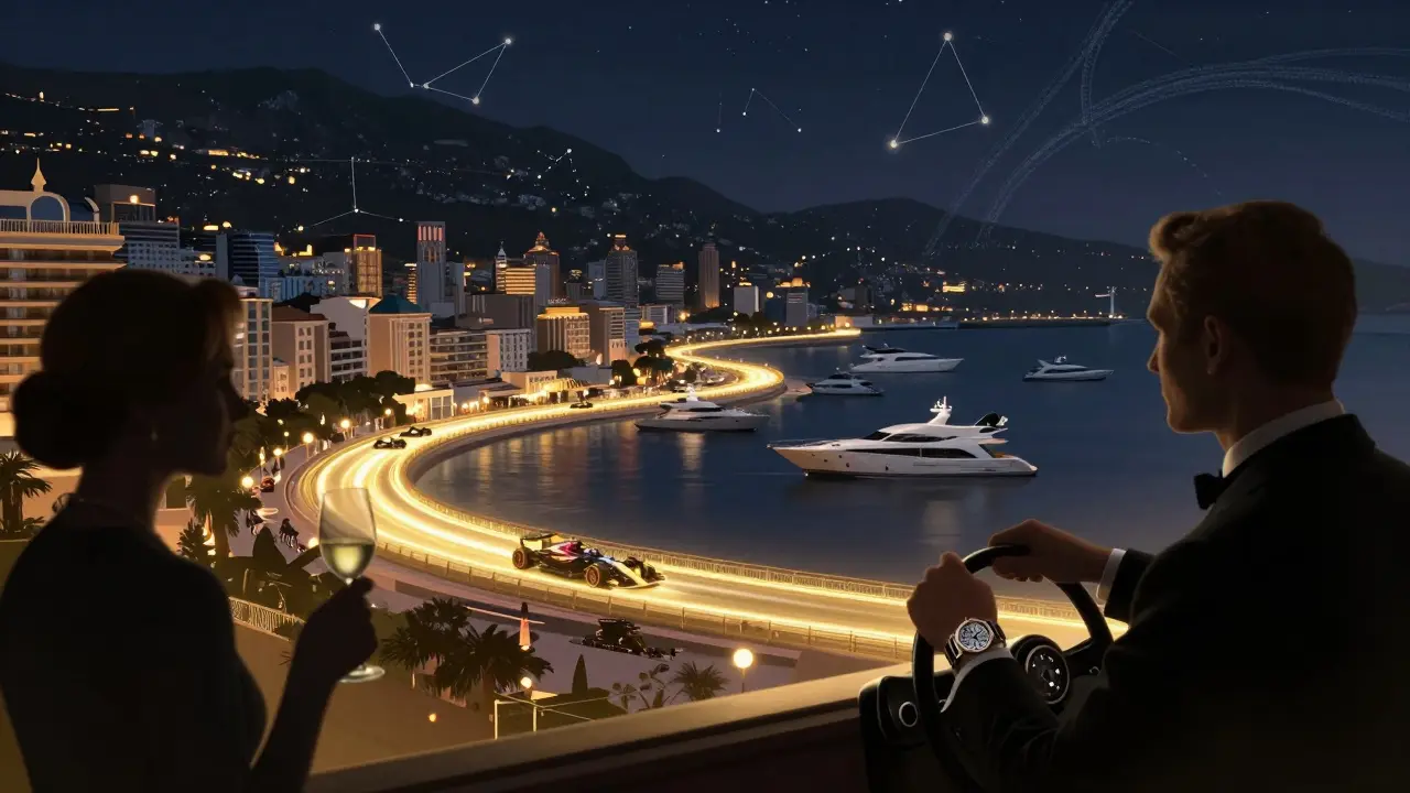Golden circuit winding through Monaco at night, connecting yachts and elite guests in a symbolic ritual.