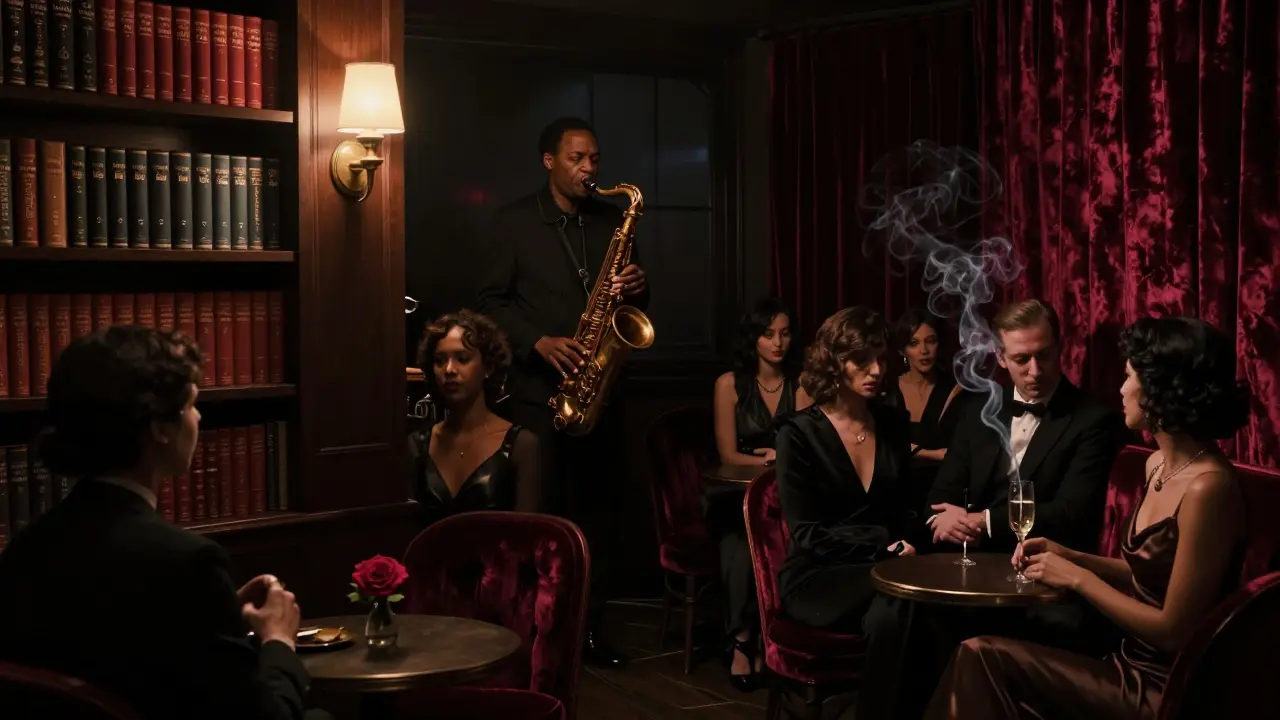 Hidden jazz lounge behind bookshelf, saxophonist playing in dim light, guests in shadow, velvet walls.