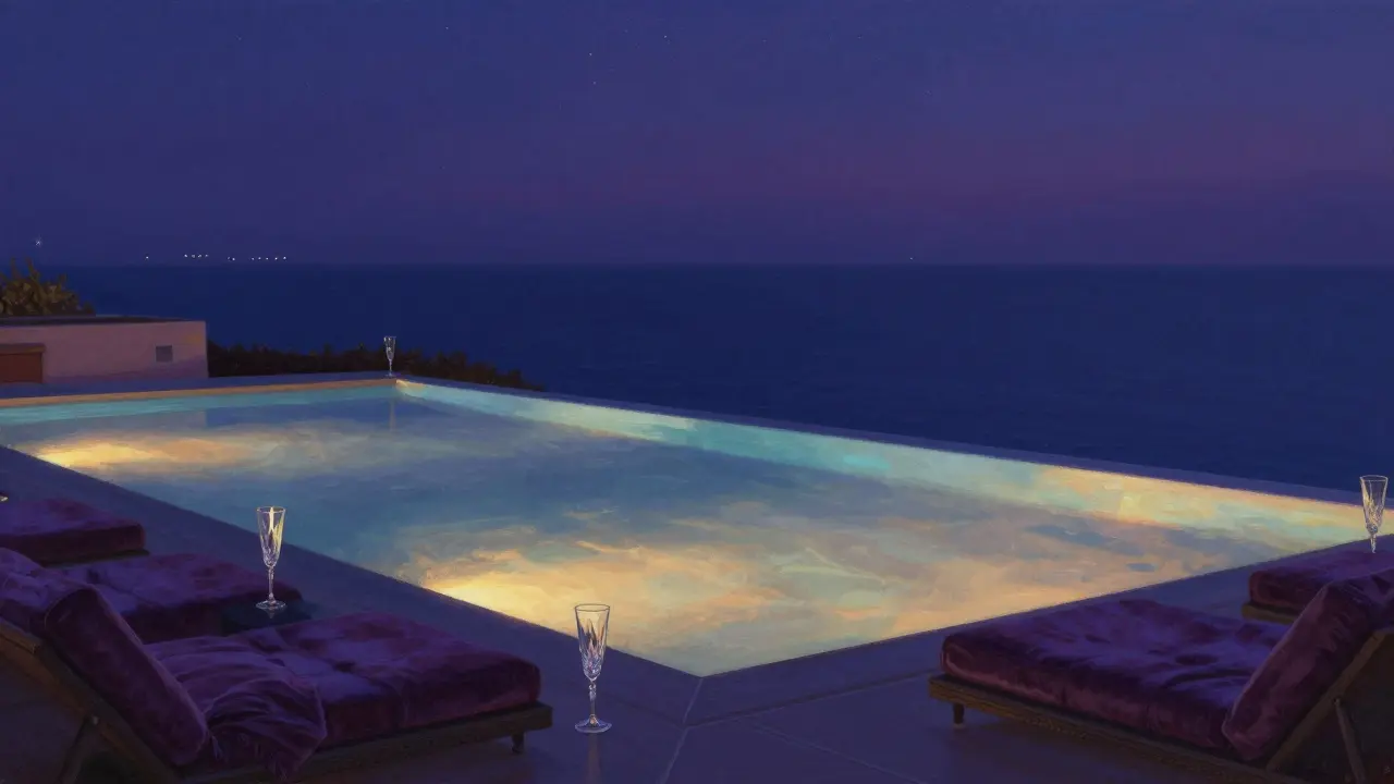 Infinity pool on rooftop glowing with indigo and amber lights, stars above, Mediterranean sea in the distance.