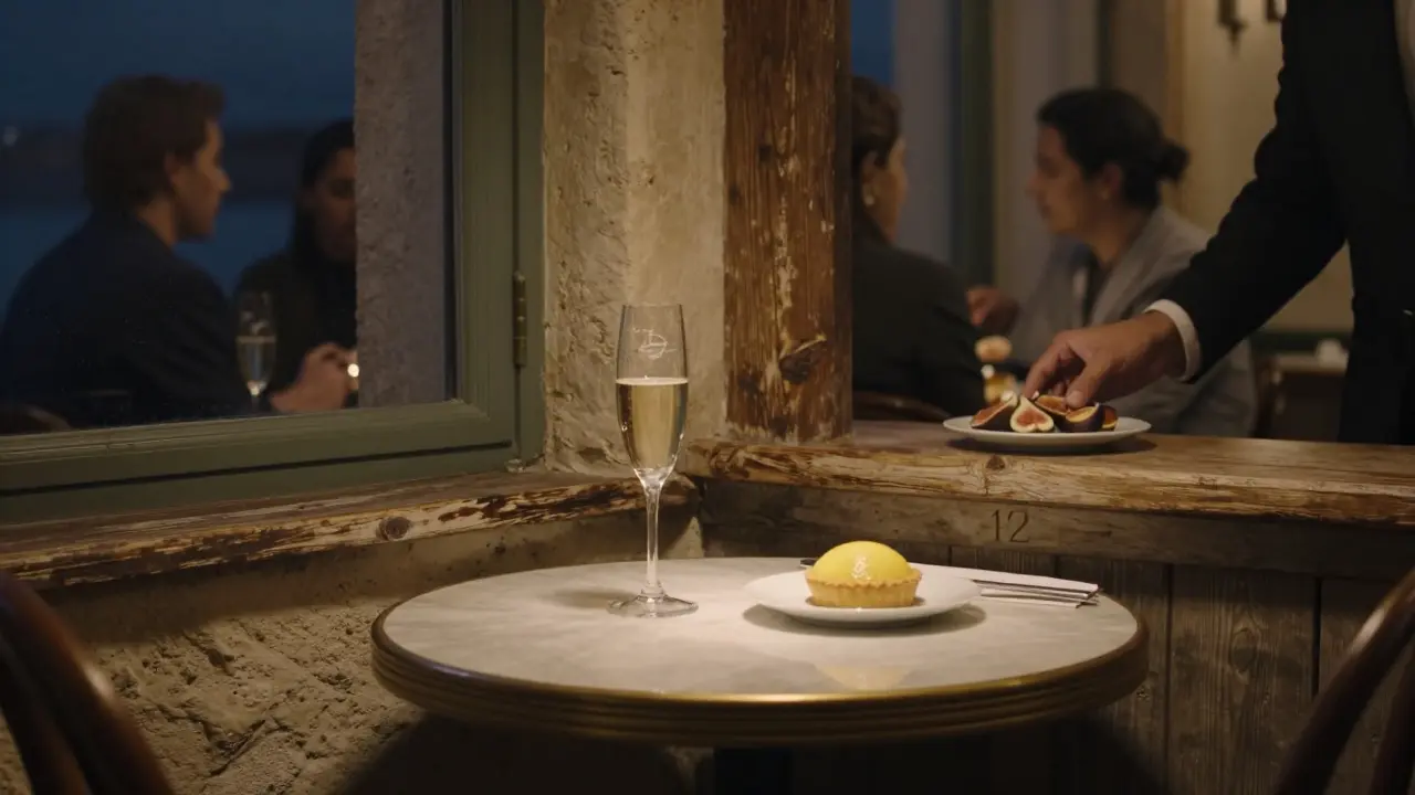 Intimate corner table at La Rascasse with champagne and lemon tart, vintage photos on the walls, quiet evening ambiance.