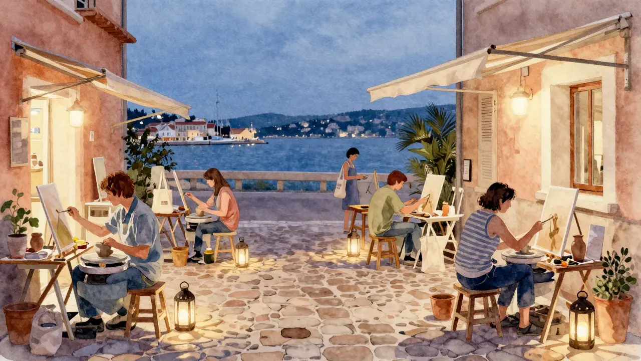 Local artists working in open studios during the quiet Summer Art Walk at twilight.