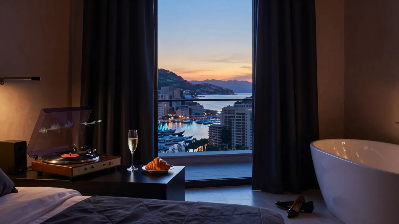 Luxury Midnight Suite at dawn, record player spinning, sunrise over the harbor, champagne and croissant on the nightstand.