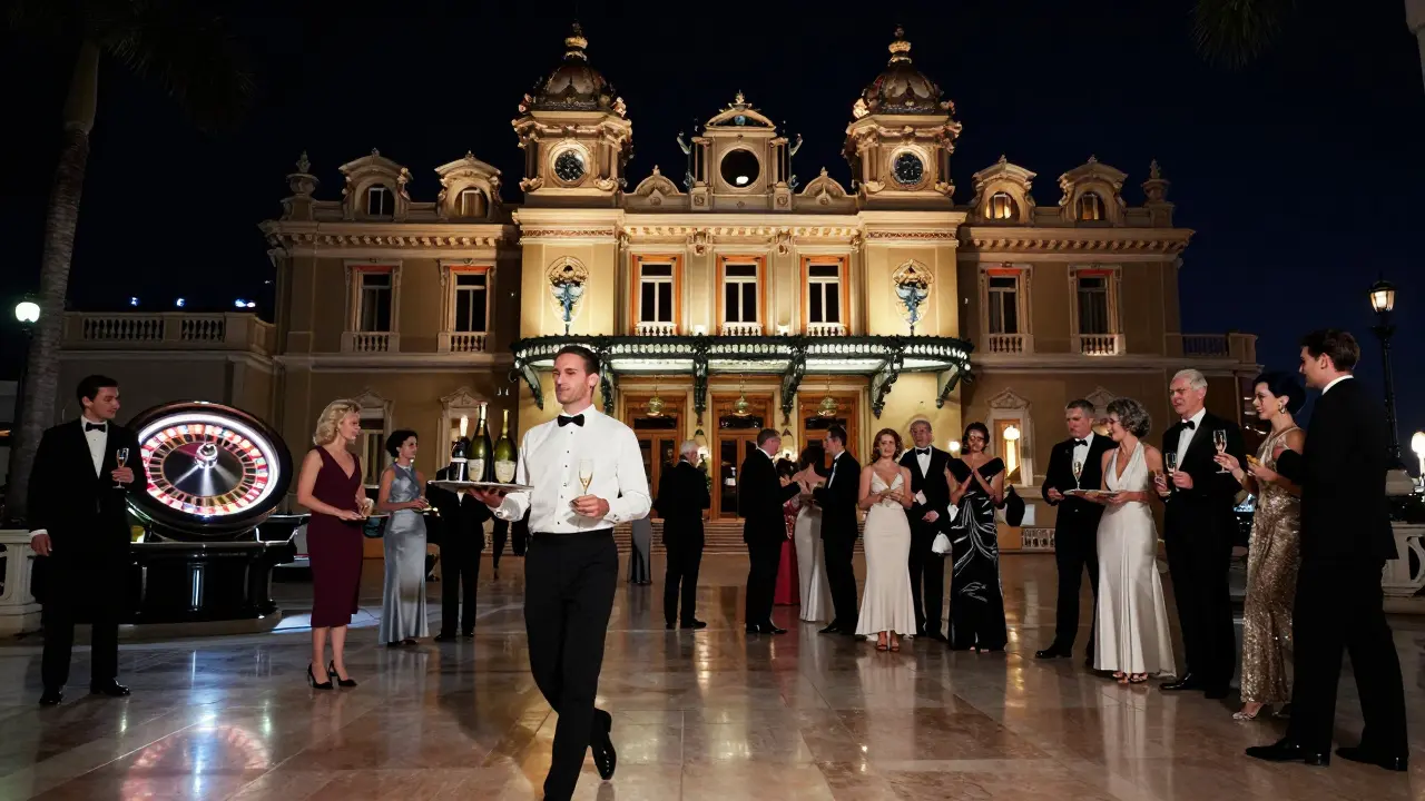 Midnight champagne toast at Monte Carlo Casino courtyard with waiter and guests under city lights.