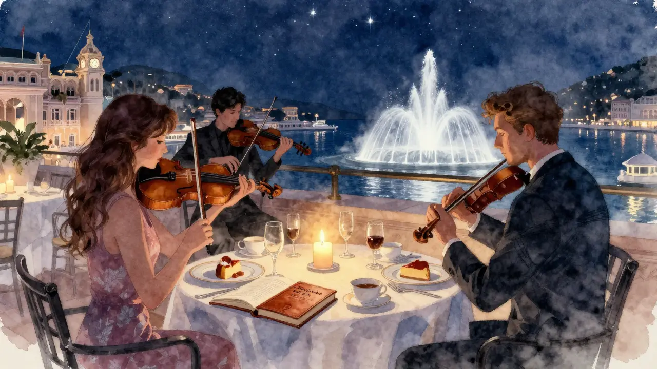 Private rooftop dinner at Fairmont Monte Carlo with candlelight, string quartet, and harbor view at night.