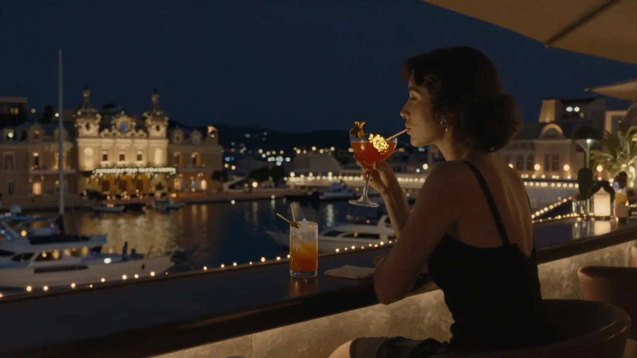Rooftop bar at night with a silhouette sipping a golden cocktail, yachts lit by string lights under a starry sky.