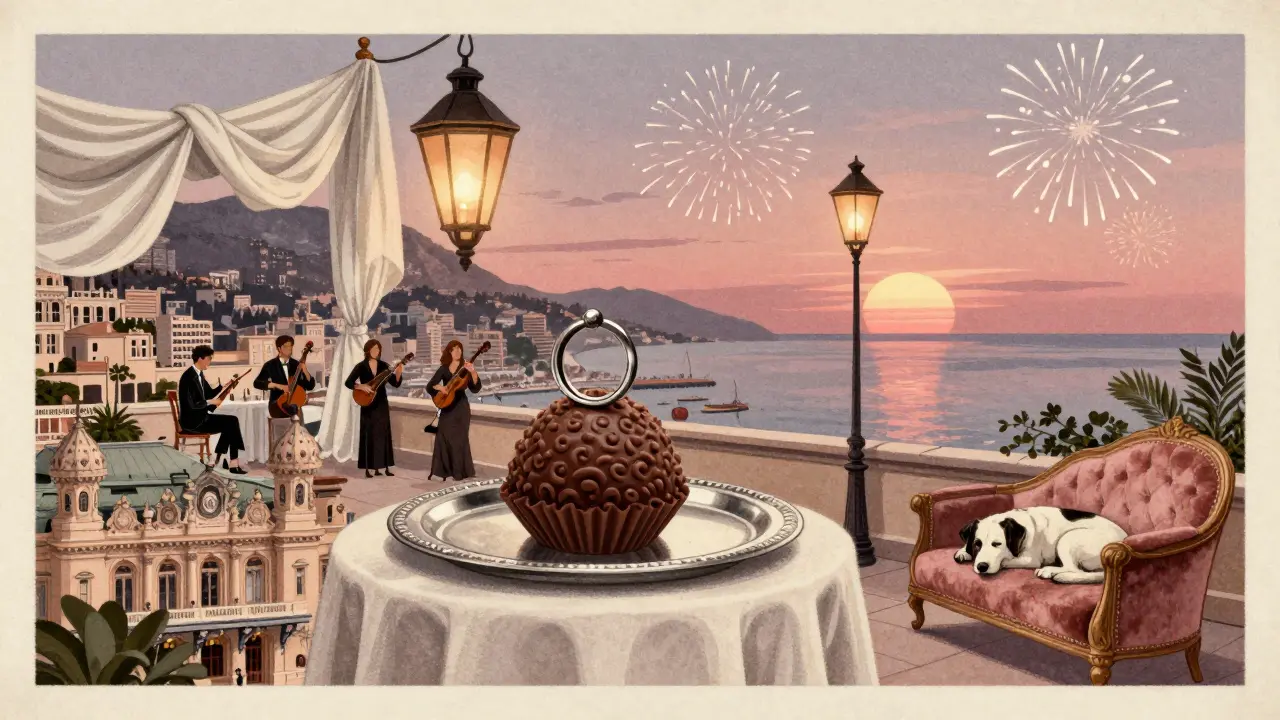 Rooftop celebration with lanterns, string quartet, and fireworks over Monaco harbor at sunset.